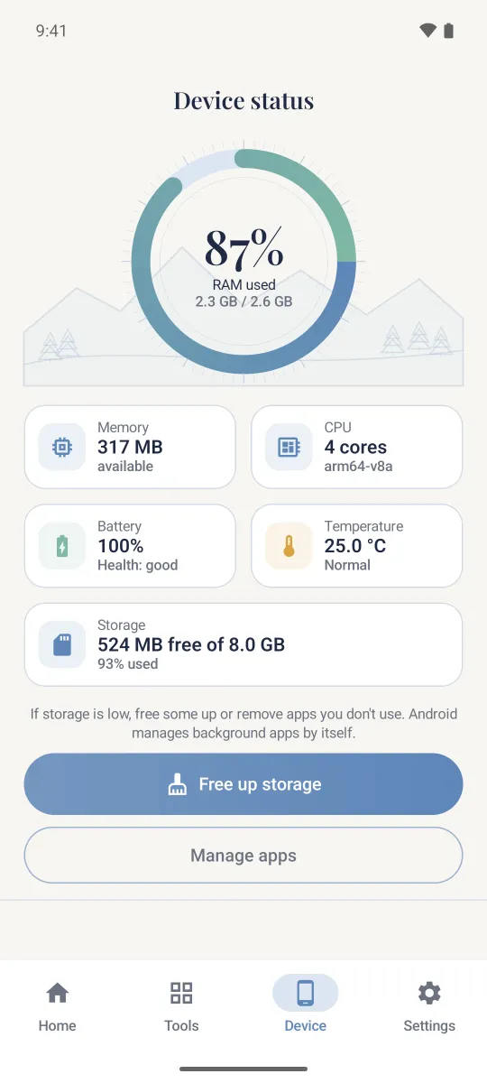 Device status: memory, battery, storage