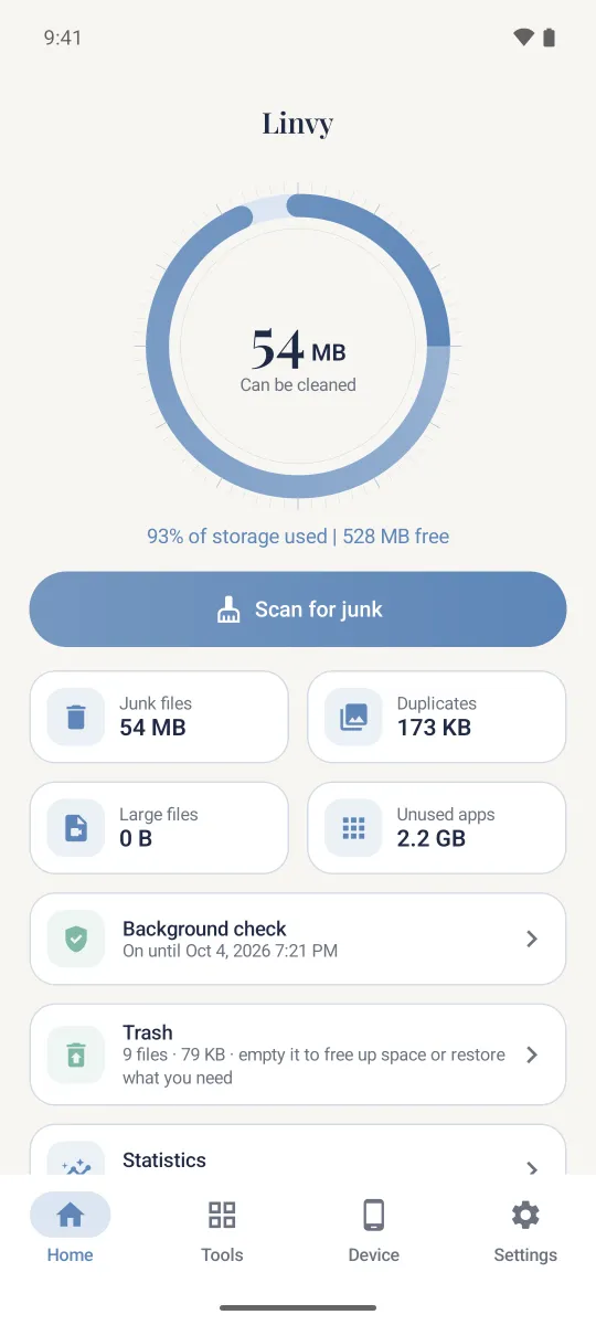 Linvy home screen: 54 MB can be cleaned, storage ring and tool cards