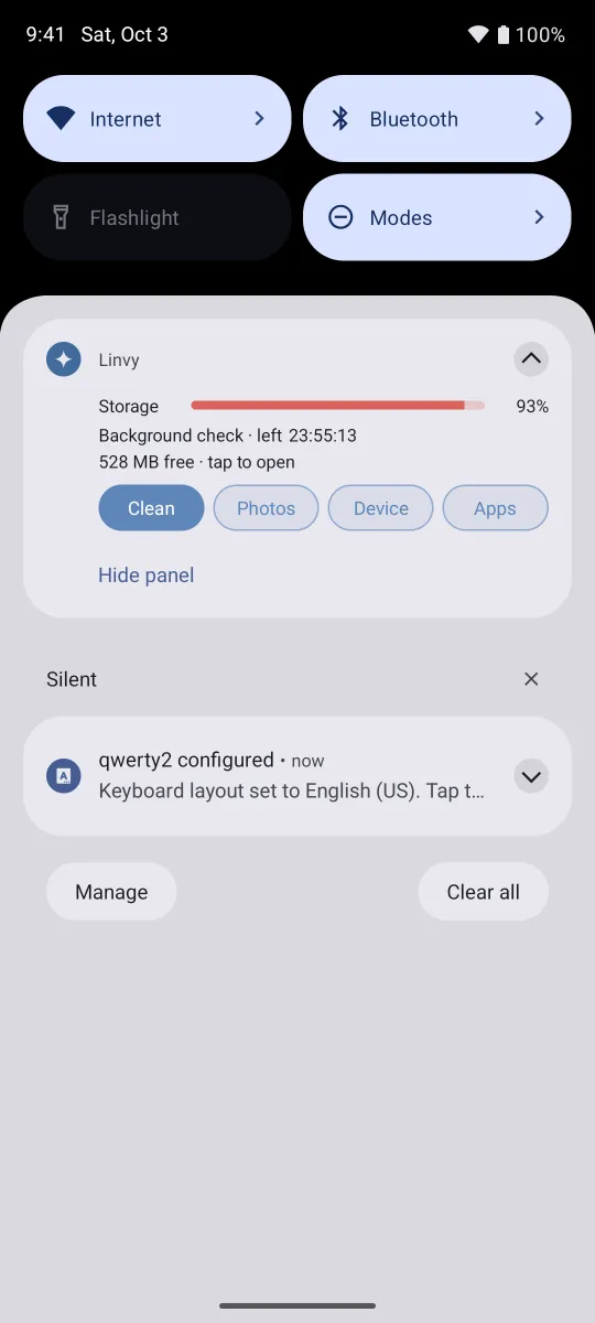 Quick tools panel in the notification shade
